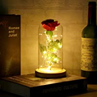 A0ZBZ Rosa Eterna- Rosa Bella y Bestia Artificial Rose Light Silk LED Lámpara Elegante Cúpula de Cristal con Base Pino…